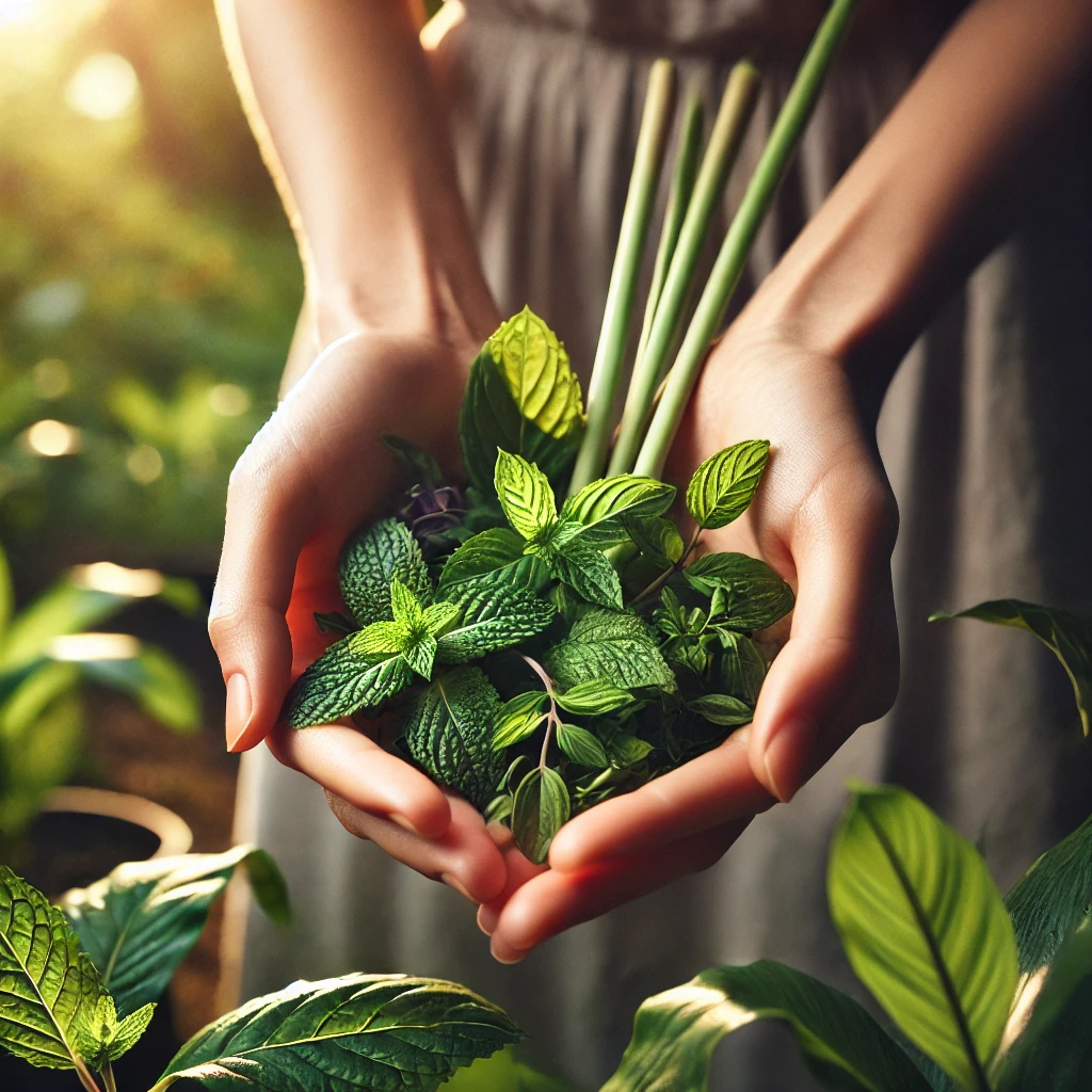 Hands harvesting herbs
